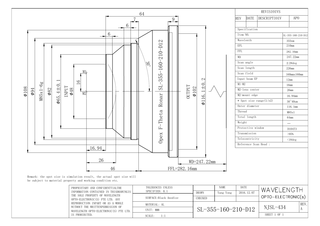 BC 紫外355nm场镜 160mm×160mm大幅面 210mm焦距 激光打标机扫描透镜 SL-355-160-210-D12