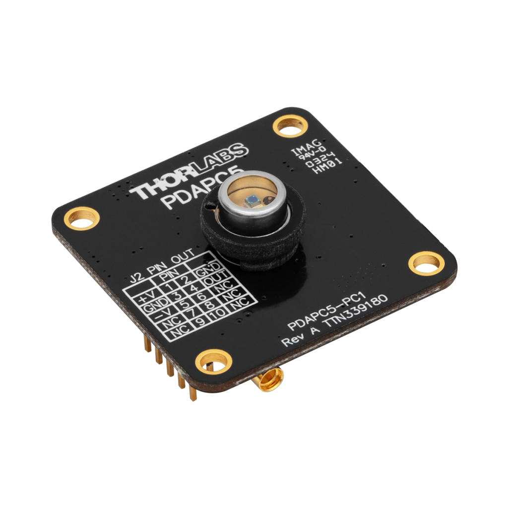 Thorlabs PDAPC5 硅探测器,固定增益,安装在PCB上,200 - 1100 nm,带宽150 MHz,0.8 mm²