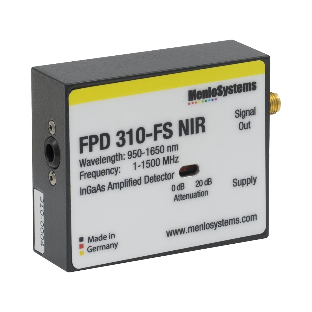 Thorlabs FPD310-FS-NIR 铟镓砷探测器,带放大,可调增益,高灵敏度PIN,950-1650 nm,1 MHz - 1.5 GHz,0.005 mm²,M4螺孔
