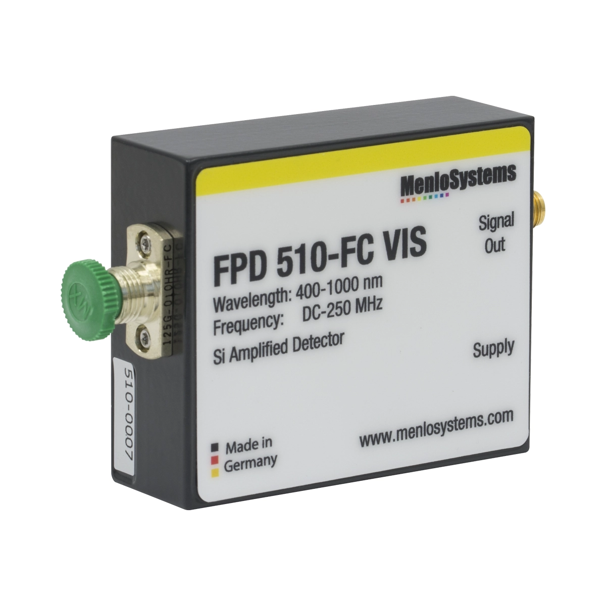 Thorlabs FPD510-FC-VIS 硅光电探测器,固定增益,高灵敏度PIN,带放大,400 - 1000 nm,DC - 250 MHz