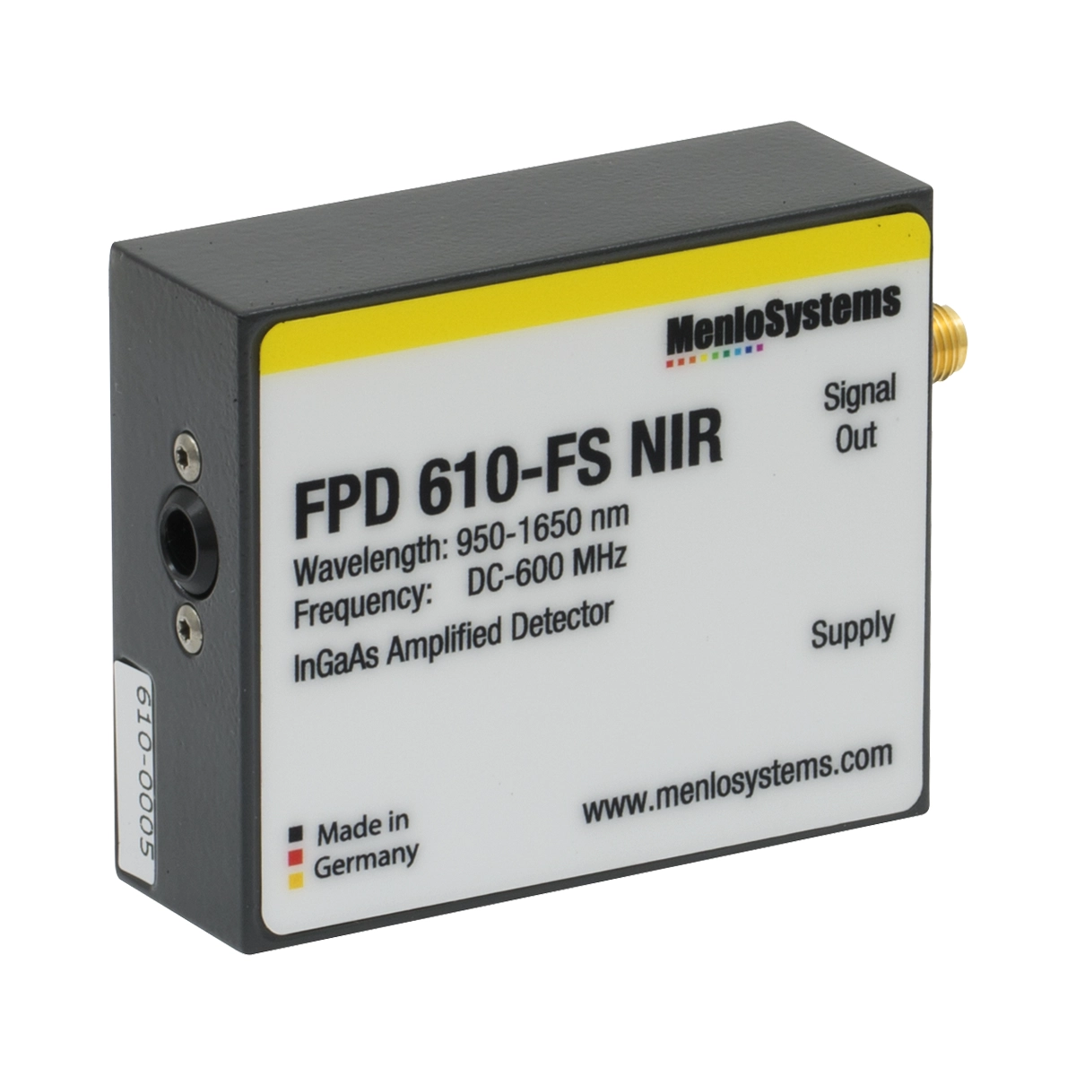 Thorlabs FPD610-FS-NIR 铟镓砷探测器,带放大,高灵敏度PIN,固定增益,950 - 1650 nm,DC - 600 MHz,0.005 mm²,M4螺孔