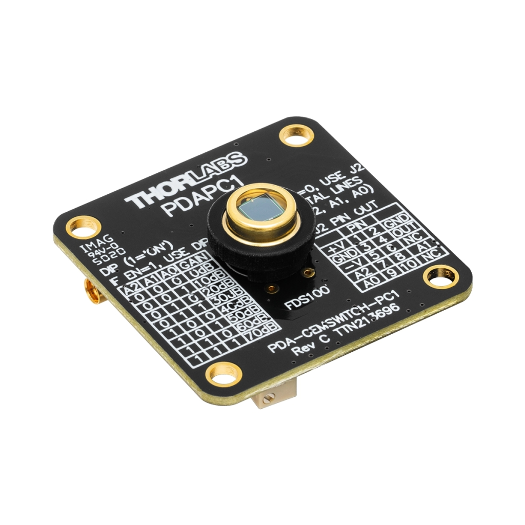 Thorlabs PDAPC1 硅探测器，可调增益，安装在PCB上，350 - 1100 nm，带宽12 MHz，13 mm²