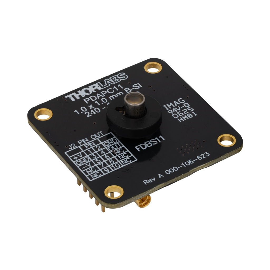 Thorlabs PDAPC11 黑硅探测器,固定增益,安装在PCB上,240 - 1170 nm,带宽21 MHz,1 mm²