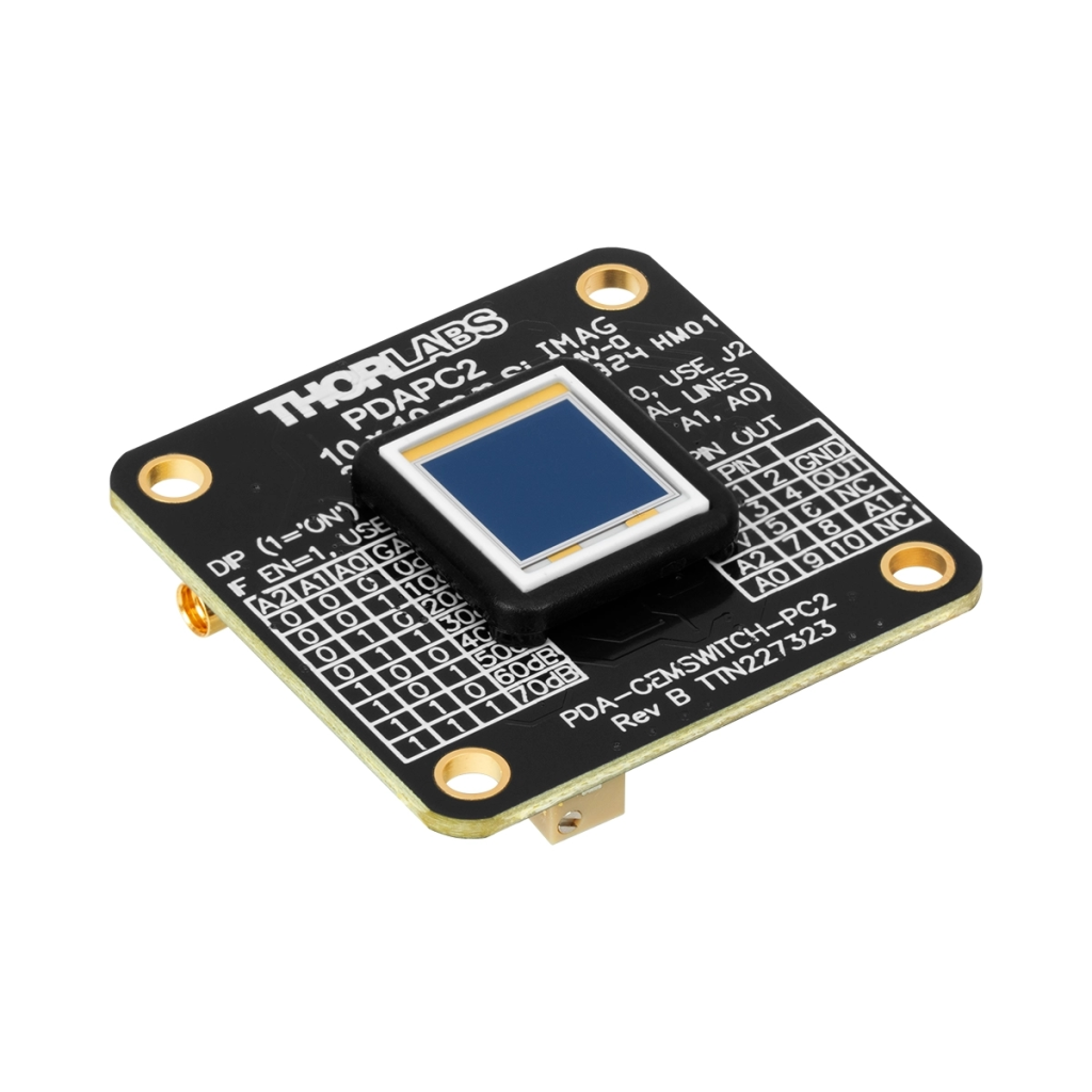 Thorlabs PDAPC2 硅探测器,可调增益,安装在PCB上,320 - 1100 nm,带宽11 MHz,100 mm²