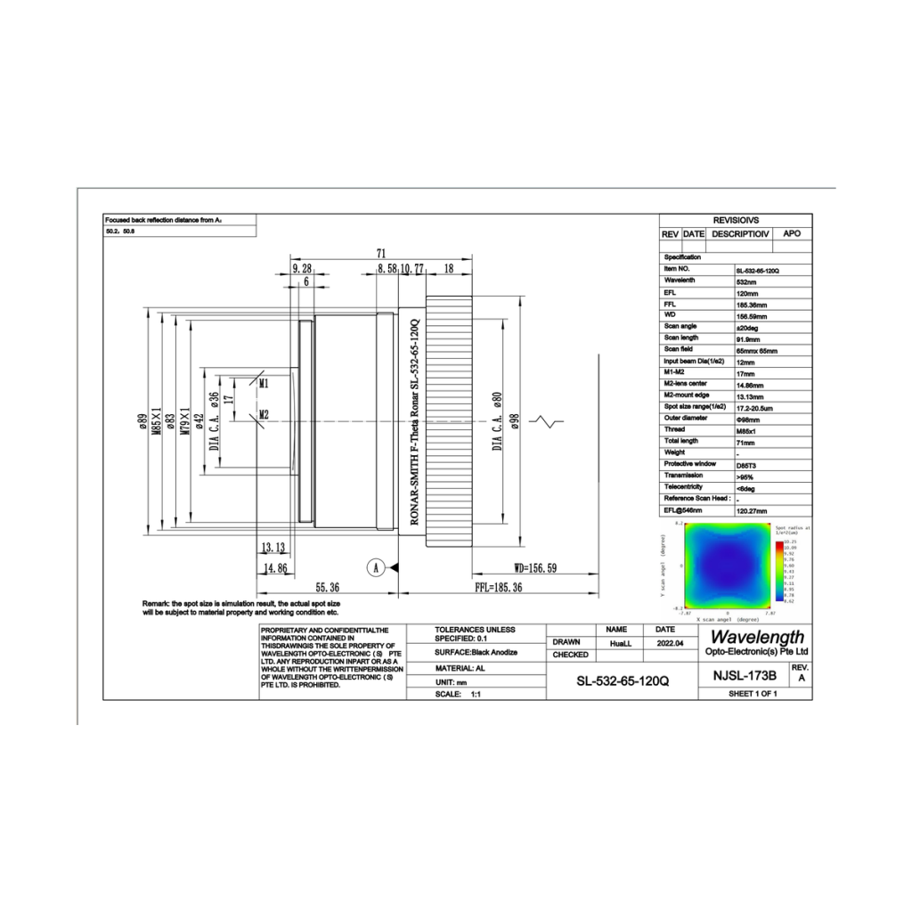 Wavelength SL-532-65-120Q F-Theta扫描场镜 532nm绿光 石英材质 120mm焦距 65mm扫描范围